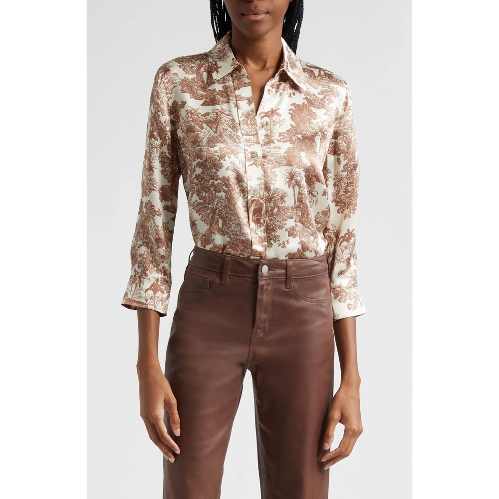 L'AGENCE Dani 100% Silk Button-Up Blouse XXS Tropical Flora Animal Safari Print
